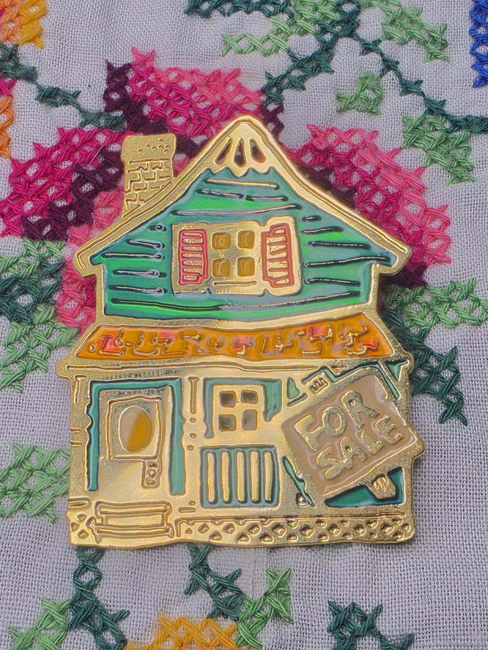 Estate Multicolor Enamel 'For Sale' House Brooch with Gold Tone